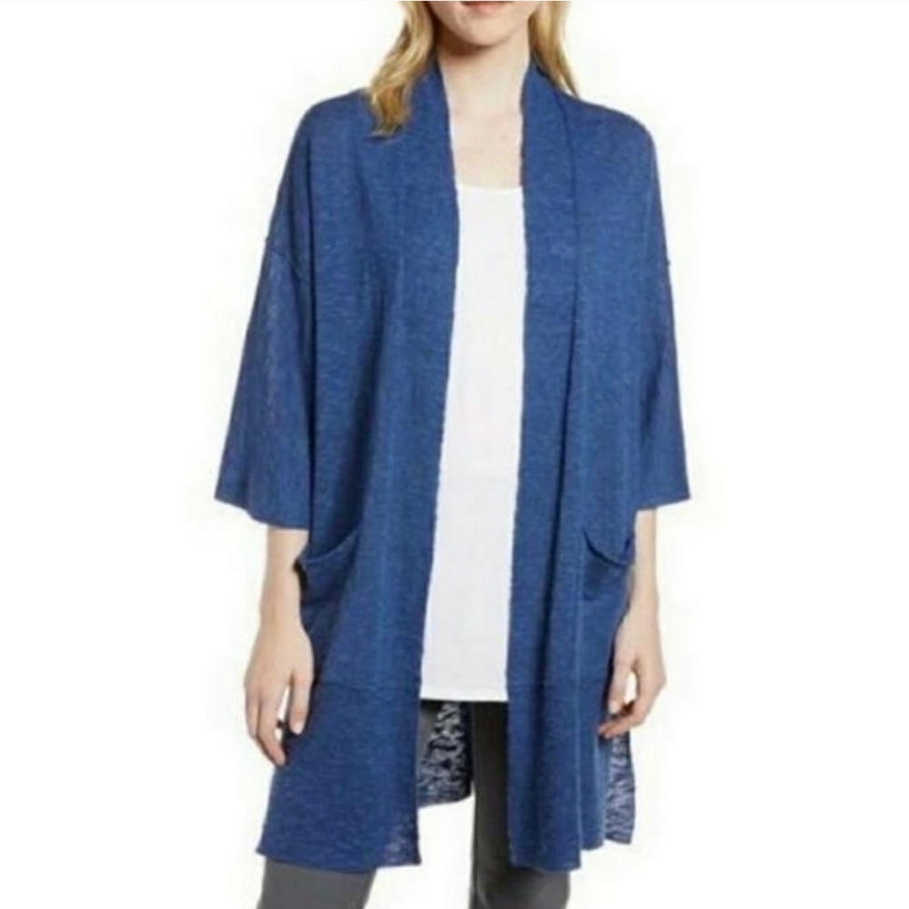 Eileen Fisher Cardigan Sweater Open Front Linen Blend Blue Size XXS / XS